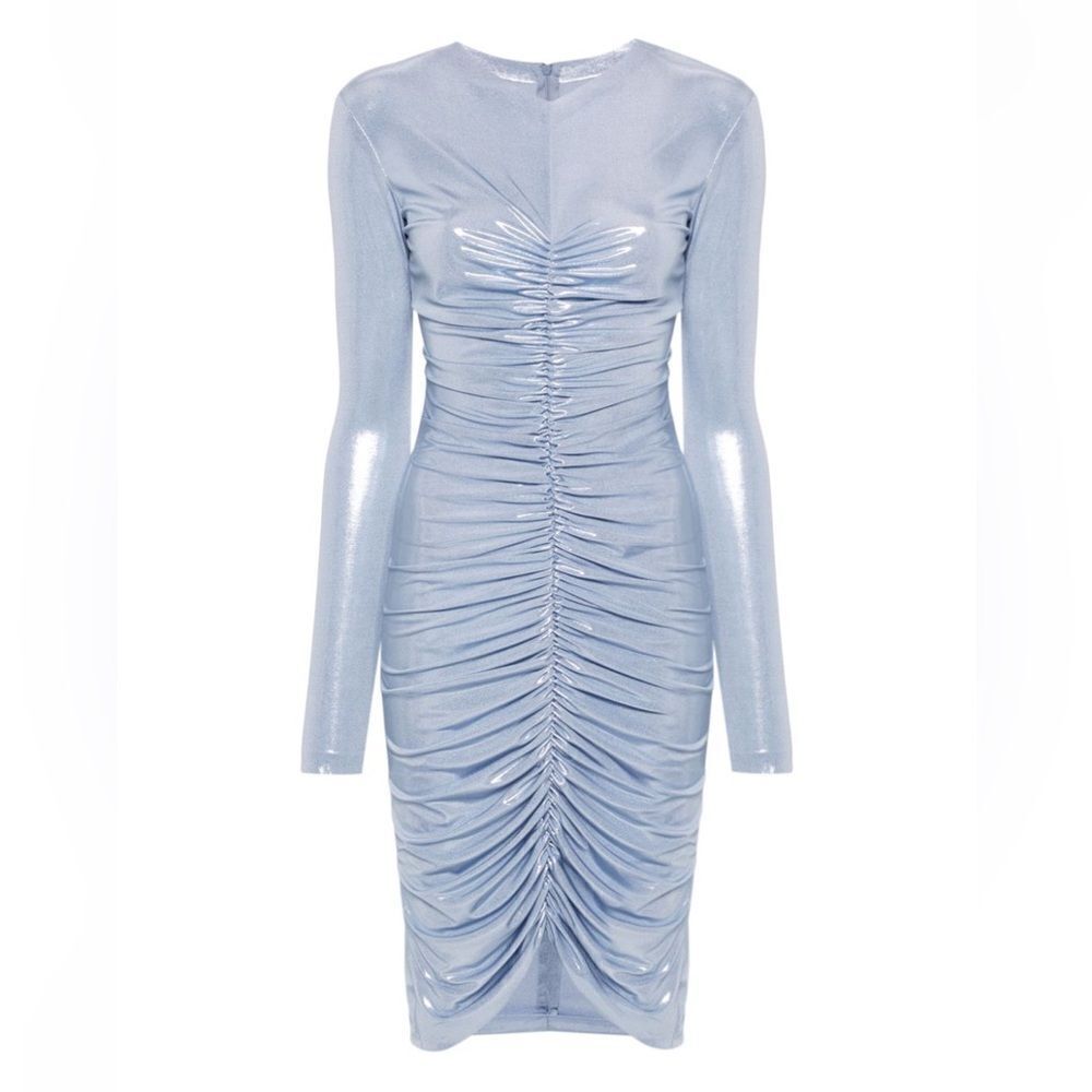Norma Kamali V neck mini dress silver blue ruched bodycon FWRD Revolve S